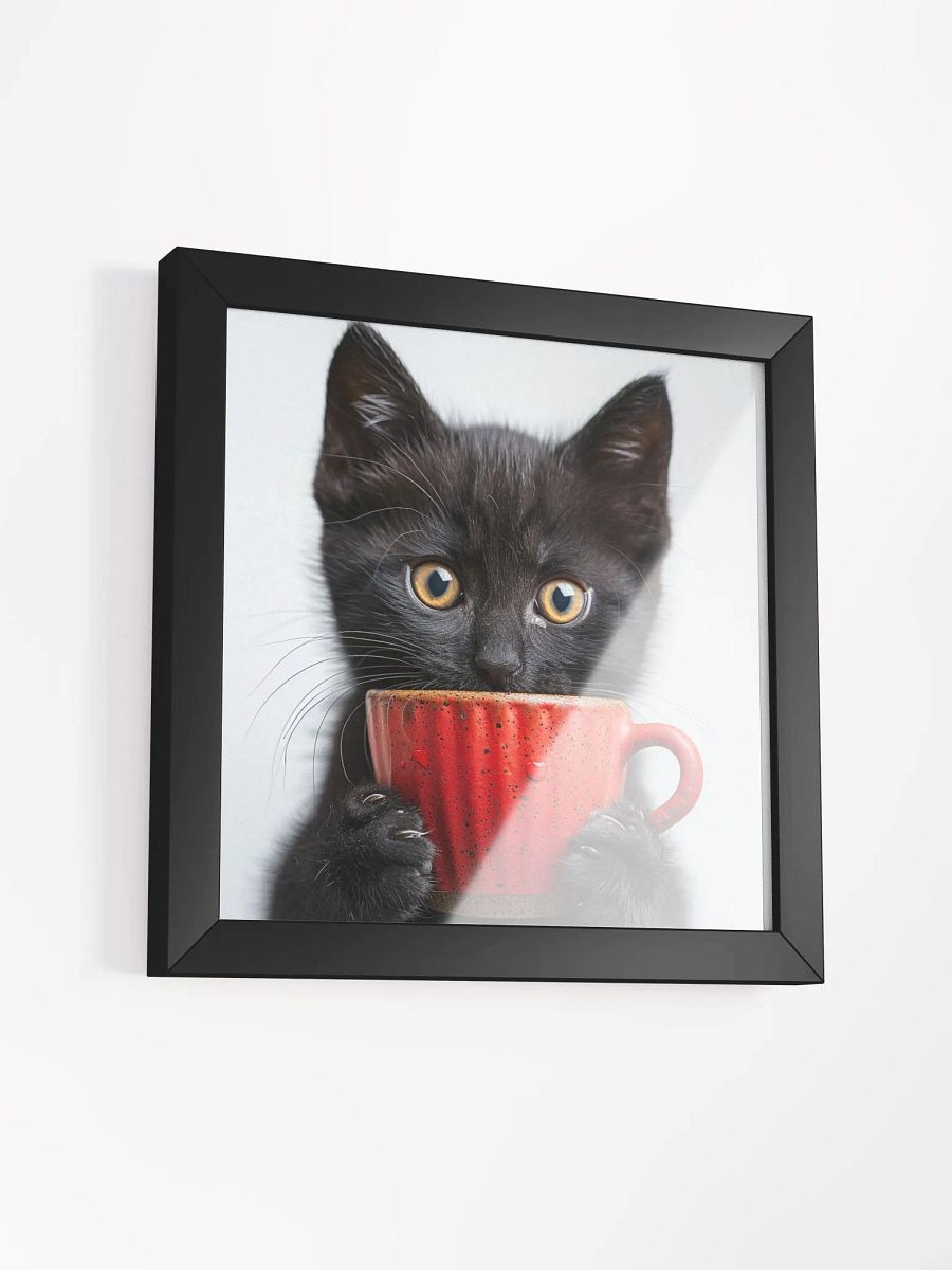 Cute Coffee Lover Black Kitten Framed Wall Art product image (3)