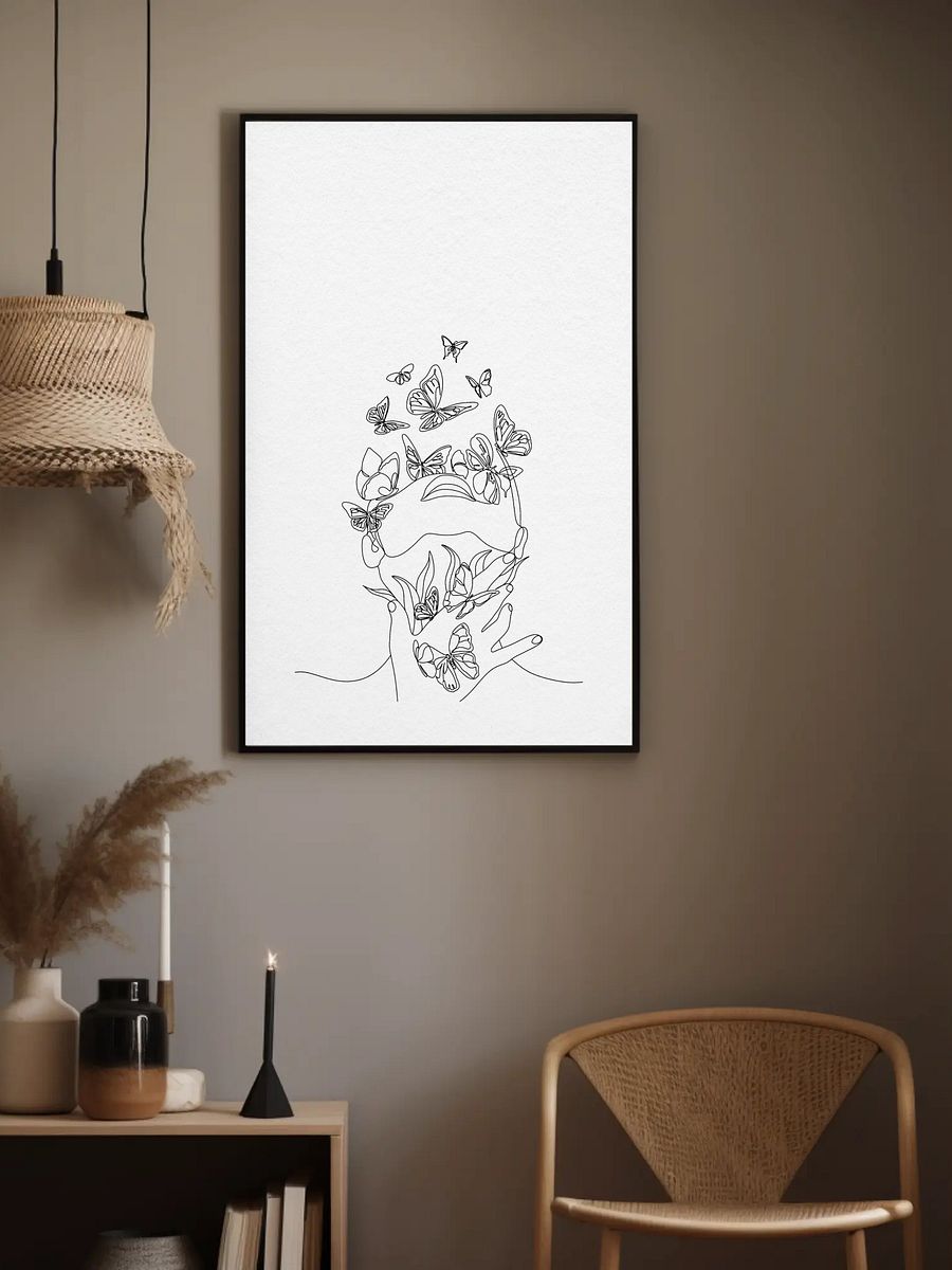 Butterfly Line Art Print - Minimalist One-Line Drawing of Woman with Butterflies, Modern Wall Art, Black and White Feminine Decor product image (3)