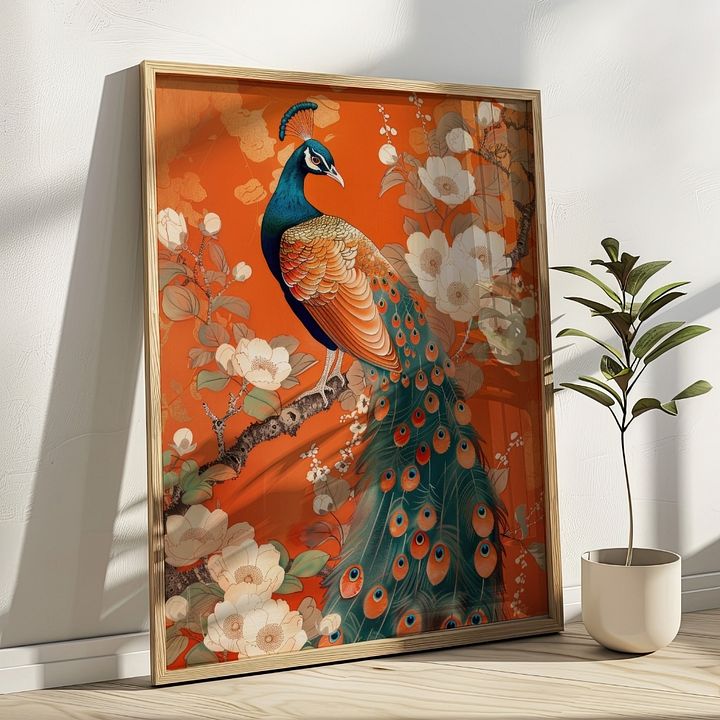 Art Nouveau Peacock on Orange Floral Art Print product image (17)