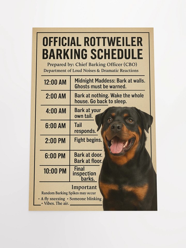 OFFICIAL ROTTWEILER BARKING SCHEDULE. Poster product image (1)
