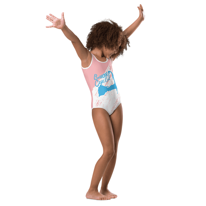Girls' | One-Piece Swimsuit | BOURNE to Cape Cod™ | Front Logo | Coastal Kids Swimwear | Blue Logo on Pink & White Brushstroke product image (1)