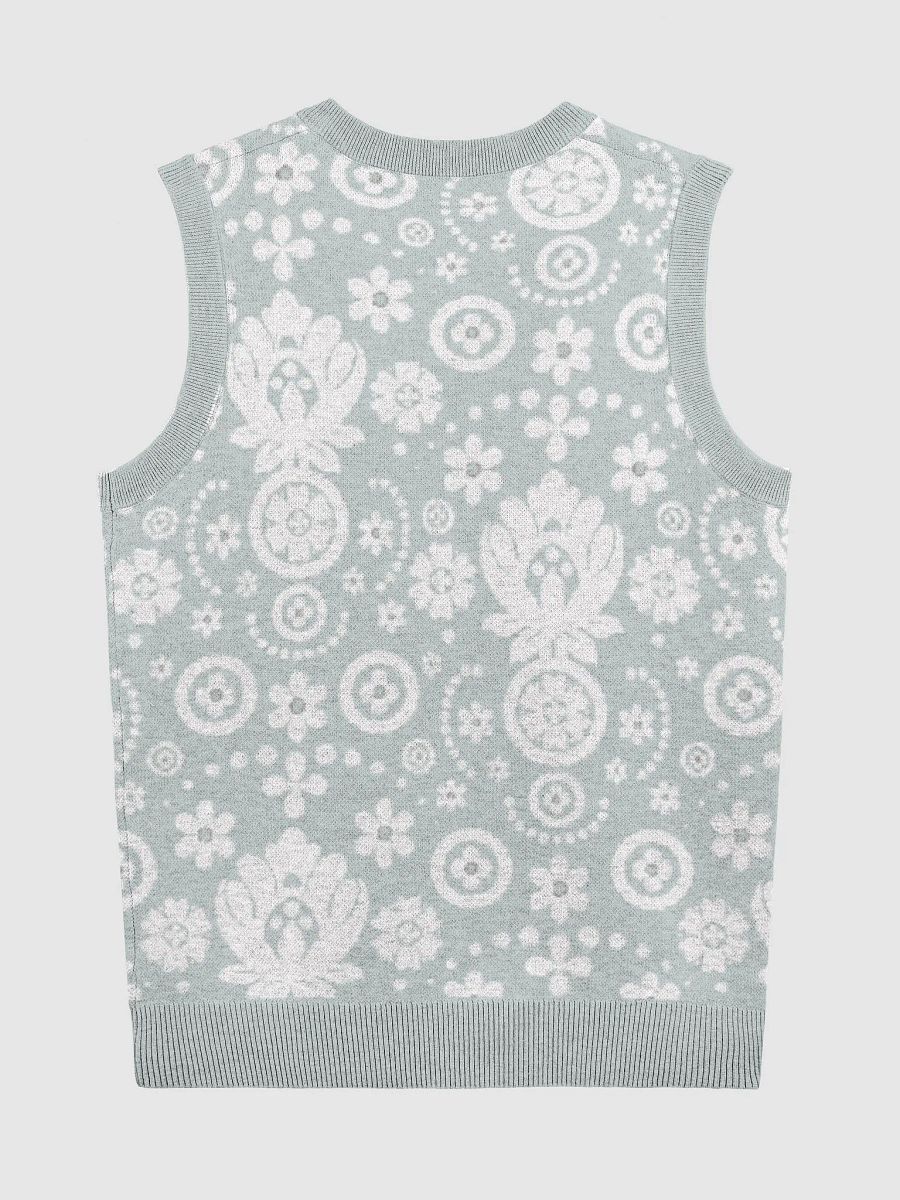 Sage Green Floral Lace Print Knitted Vest product image (2)