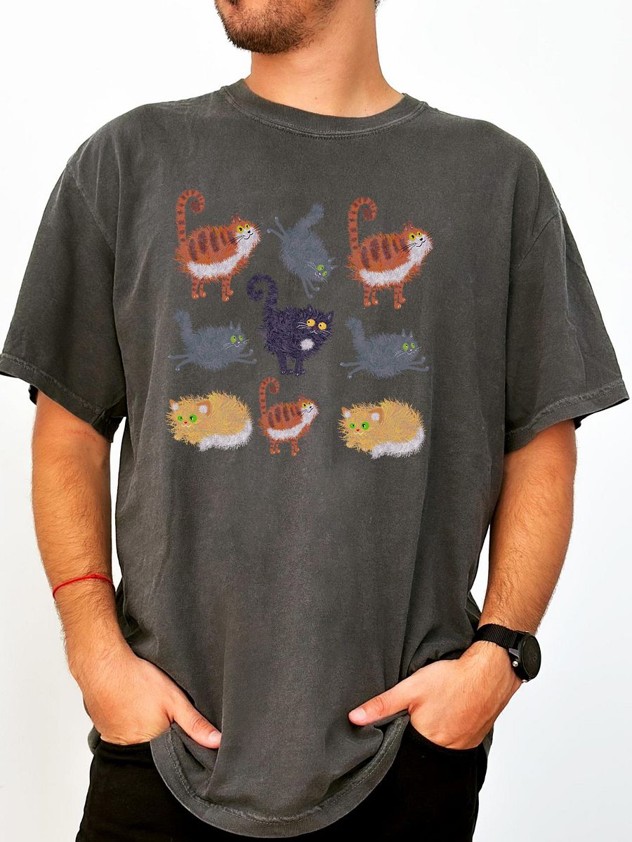 Funny Cat Pattern T-Shirt – Colorful Cartoon Cats Tee product image (4)