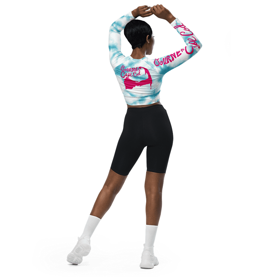BOURNE to Cape Cod™ Crop Top | BRN.2C.C.™ Coastal Bold | Recycled Long Sleeve Statement Wear 🌊💃☀️ | Vibrant Pink Logos on Blue Tie-Dye product image (5)