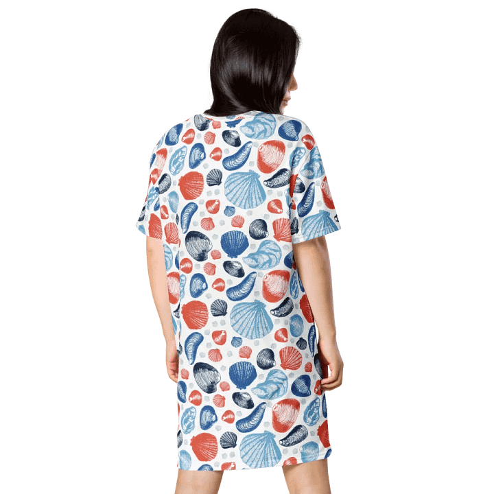 Women's | New England Tidal Treasures | T-Shirt Dress | Seashell Print, Oversized & Comfy | Red & Blue on White product image (2)