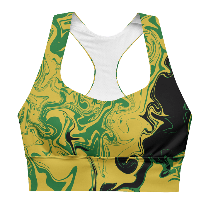 Swirling Black Green and Gold Green Longline Sports Bra product image (1)