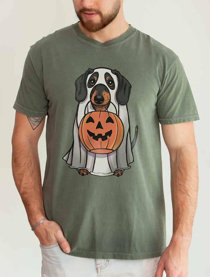 Funny Halloween Dachshund T-Shirt | Funny Doxie/Wiener Wearing a Ghost Costume and Holding a Pumpkin Basket product image (1)