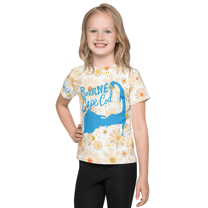 Girls' | Little Kids T-Shirt | BOURNE to Cape Cod™ | Vibrant Coastal Tee for Kids | Blue Logo on Daisies product image (1)
