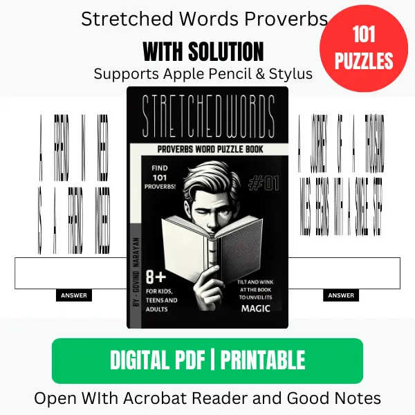 Stretched Words Proverbs Word Puzzle Book For Kids, Teens, and Adults: Ages 8+ Activity Book } Ebook | Printable PDF product image (1)