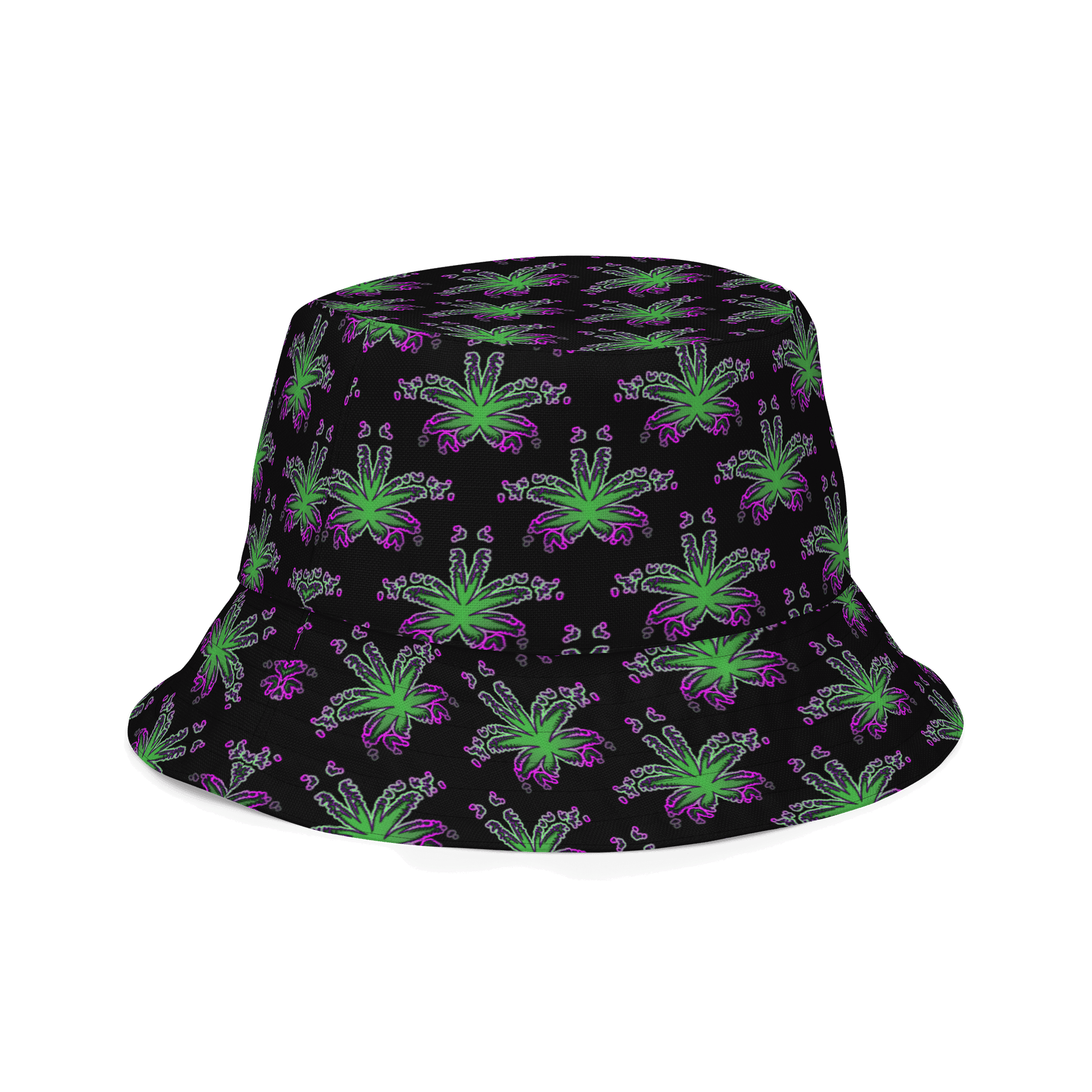 Twisted Weed Leaf Pattern Bucket Hat, Summer Stoner Style Accessory, Green Purple Black Cannabis Fashion product image (6)
