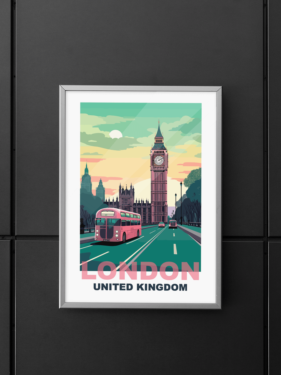 Classic London Cityscape Poster with Iconic Red Bus, Big Ben Sunrise Print, United Kingdom Urban Art, British Travel Wall Decor product image (5)