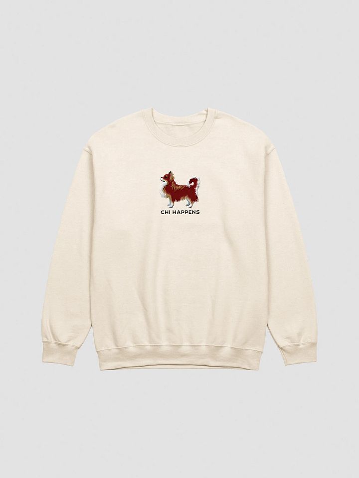 Chi Happens Sweatshirt (Embroidered) of a Longhaired Chihuahua(Chocolate Tricolor) product image (1)
