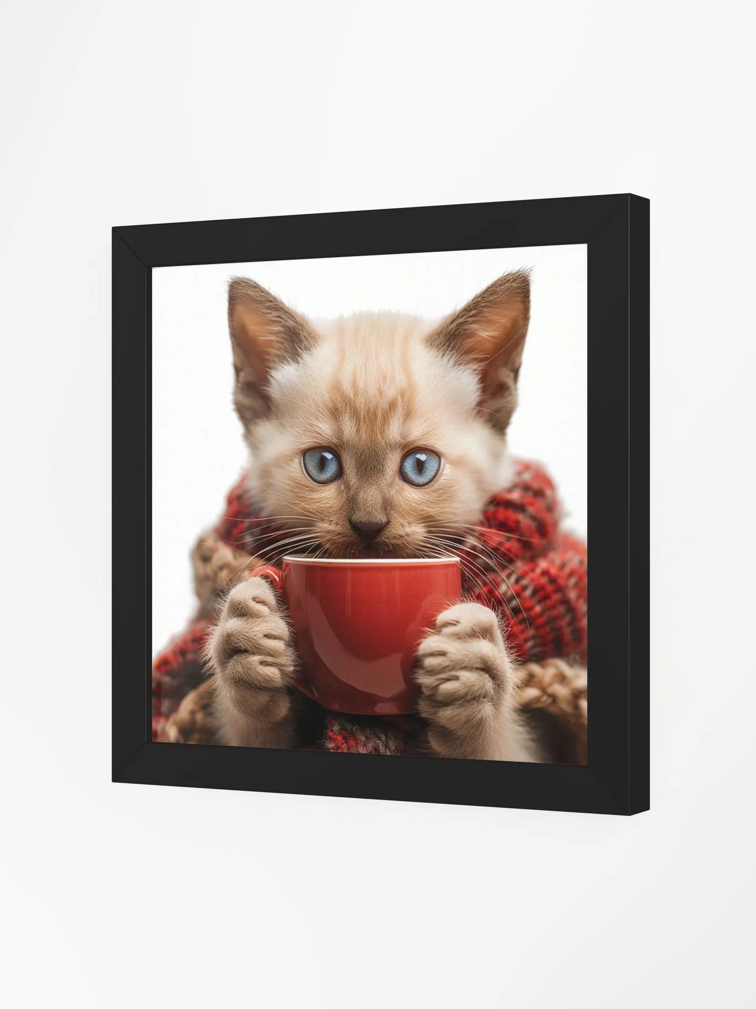 Coffee Lover Cute Blue Eyed Kitten Framed Wall Art product image (2)