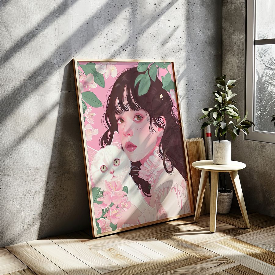 Girl with White Cat Portrait Coquette Art Print product image (24)