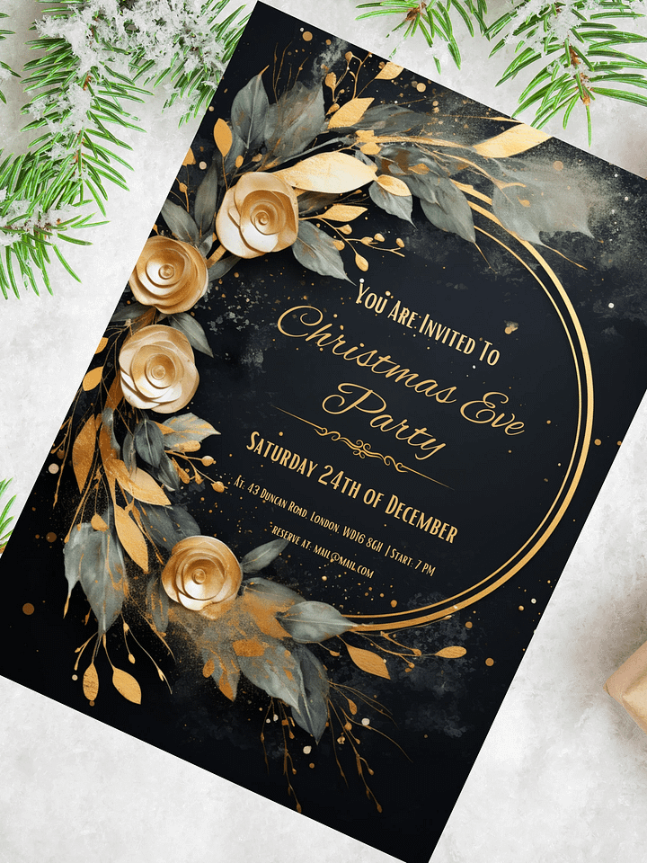 3D Golden Roses Christmas Eve Party Invitation | Editable in Canva | Christmas Party Printable | Holiday Invitation Template | Link to Canva product image (1)