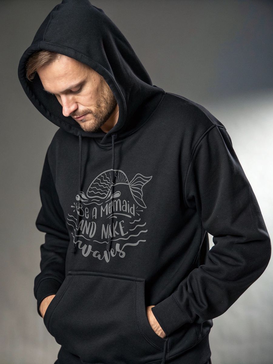 Be A Mermaid & Make Waves Calligraphy Hoodie, Gen Z Fashion, Long Sleeves Hoodie, Unisex Heavy Cotton Top, Be A Mermaid Shirt product image (4)