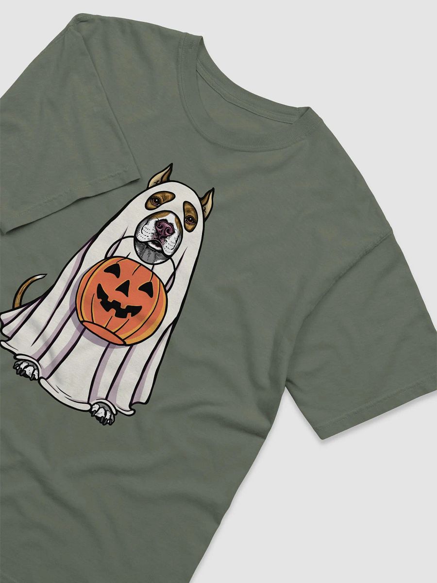 Funny Halloween Pitbull Terrier(Cropped Ears, Brindle) T-Shirt | Funny Pittie Wearing a Ghost Costume and Holding a Pumpkin Basket product image (14)