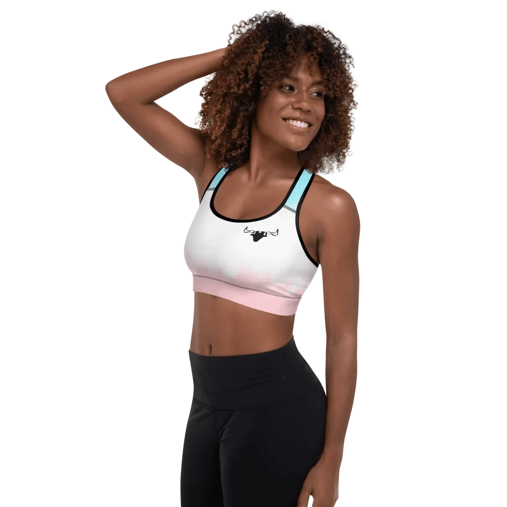 Bull's horns design with Background fill of water pink and blue gradient-All-Over Print Padded Sports Bra. product image (2)