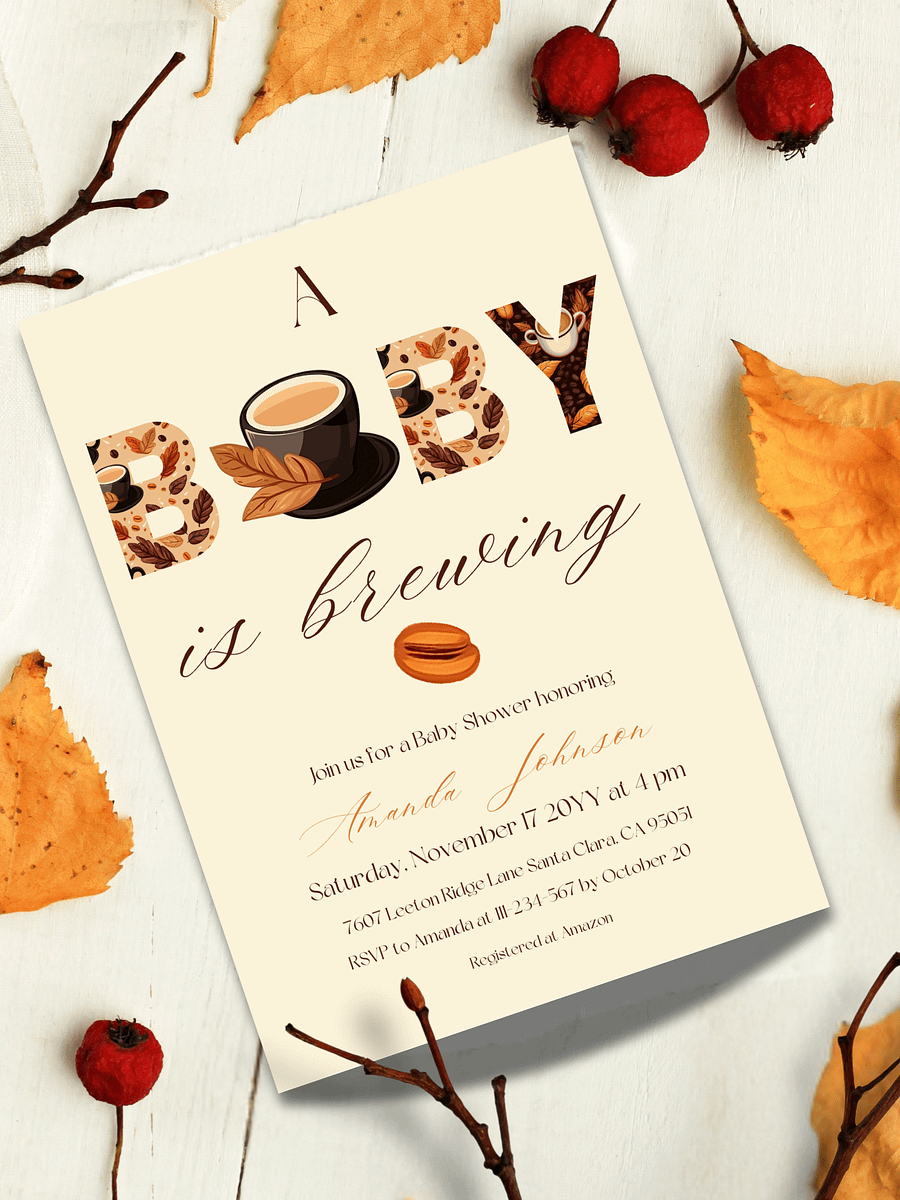 Coffee Baby Shower Invitation, Rustic Beige Baby Shower Party, A Baby is Brewing Themed Brunch Invite, Digital Download Canva Template product image (1)