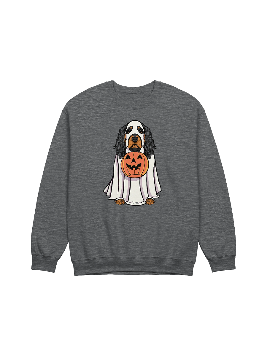 Funny Halloween Cocker Spaniel(Black & Tan) Sweatshirt | Funny Cocker Spaniel Wearing a Ghost Costume and Holding a Pumpkin Basket product image (3)