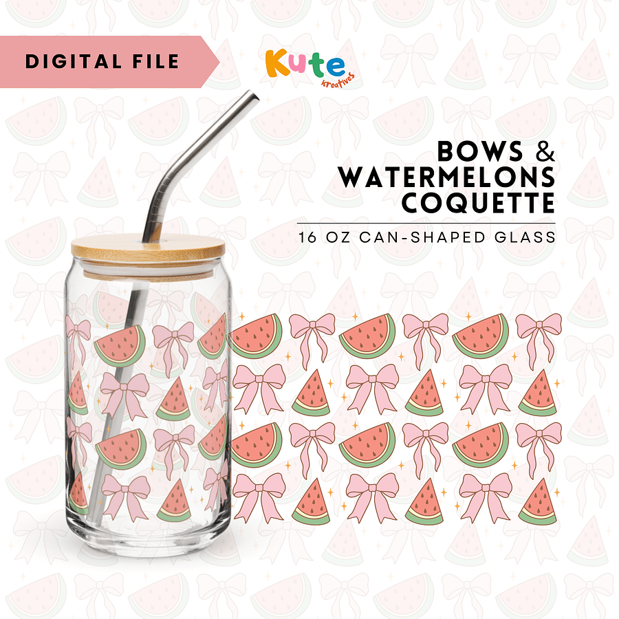 [Digital File] 16oz Can-Shaped Glass Wrap PNG | Bows & Watermelons Coquette product image (1)