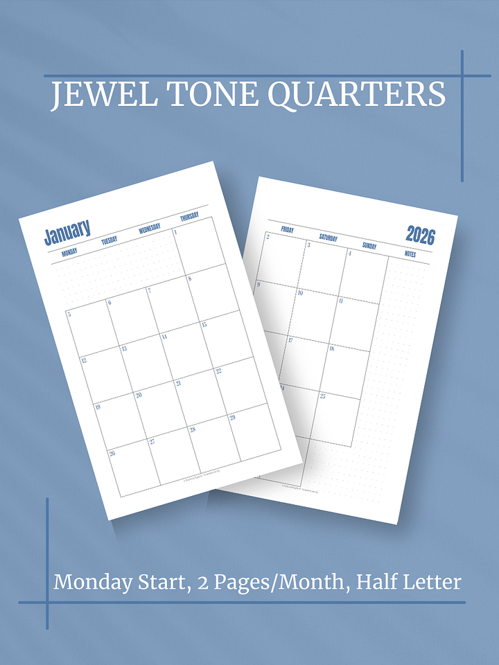 Jewel Tone Quarters 2026 Calendar - 2 Pages per Month, Monday Start, Half Letter Size product image (1)