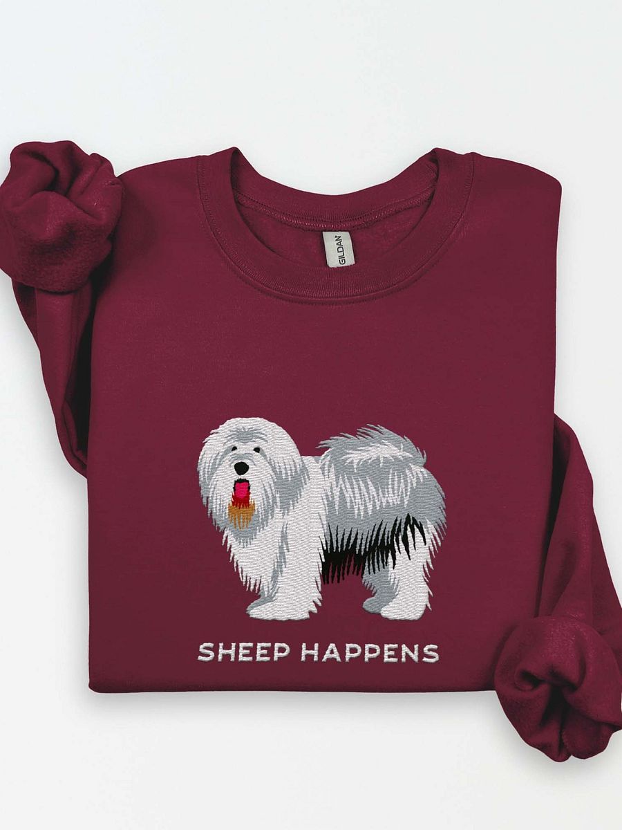 Sheep Happens Sweatshirt (Embroidered) of an Old English Sheepdog product image (1)