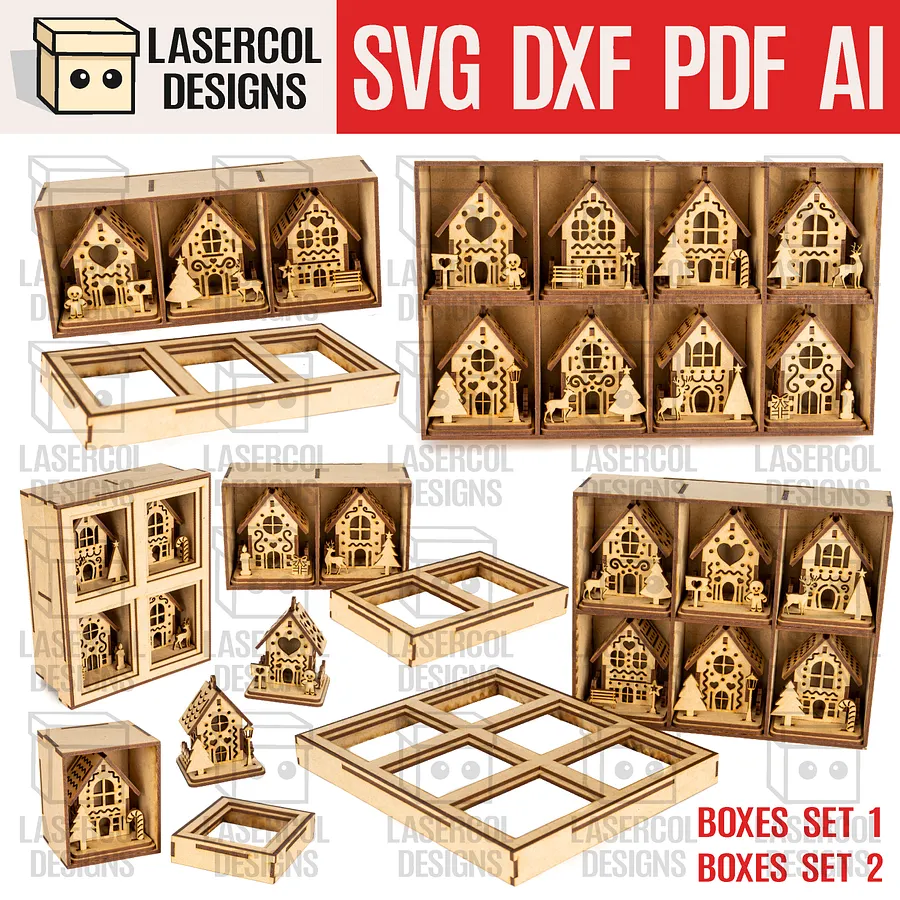 Christmas Houses Ornaments Boxes Bundle (Set 1-2) - Laser Cut Files product image (1)