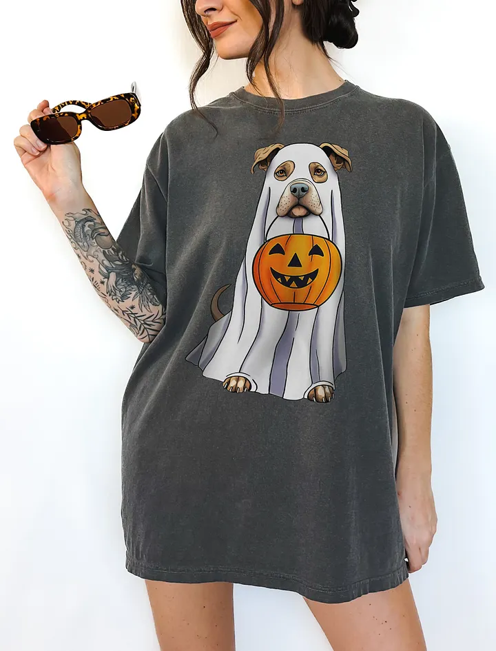 Pitbull(Fawn) Halloween Tee | Funny Halloween Pittie/Staffordshire Wearing a Ghost Costume with Pumpkin Basket product image (6)