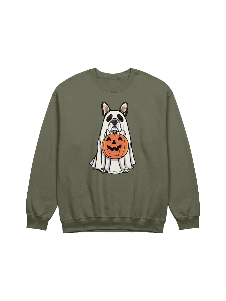 Funny Halloween Boston Terrier(Brindle) Sweatshirt | Funny Boston Terrier Wearing a Ghost Costume and Holding a Pumpkin Basket product image (17)