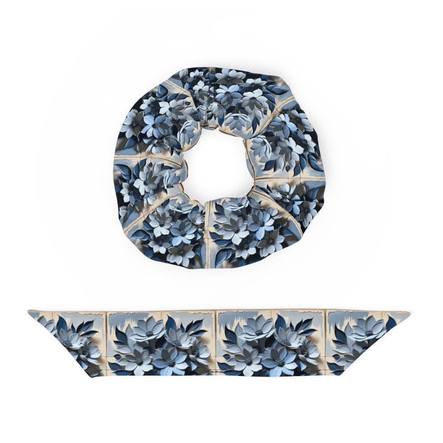 Hair Scrunchie - Painted Floral and Tile Pattern in Shades of Blue product image (4)