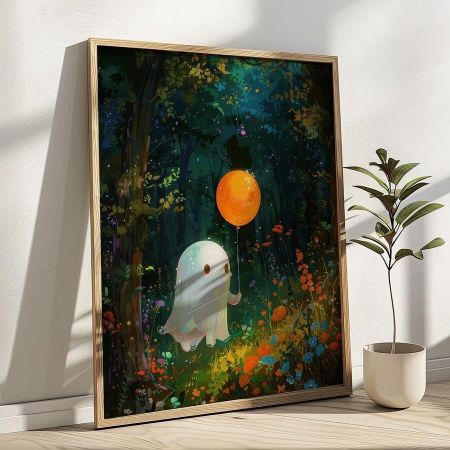 Cute Ghost with a Balloon Whimsical Halloween Art Print product image (2)