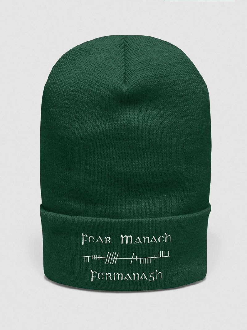 Fermanagh/Fear Manach, Green with white, Orthodox style Ogham embroidered Cuffed Beanie