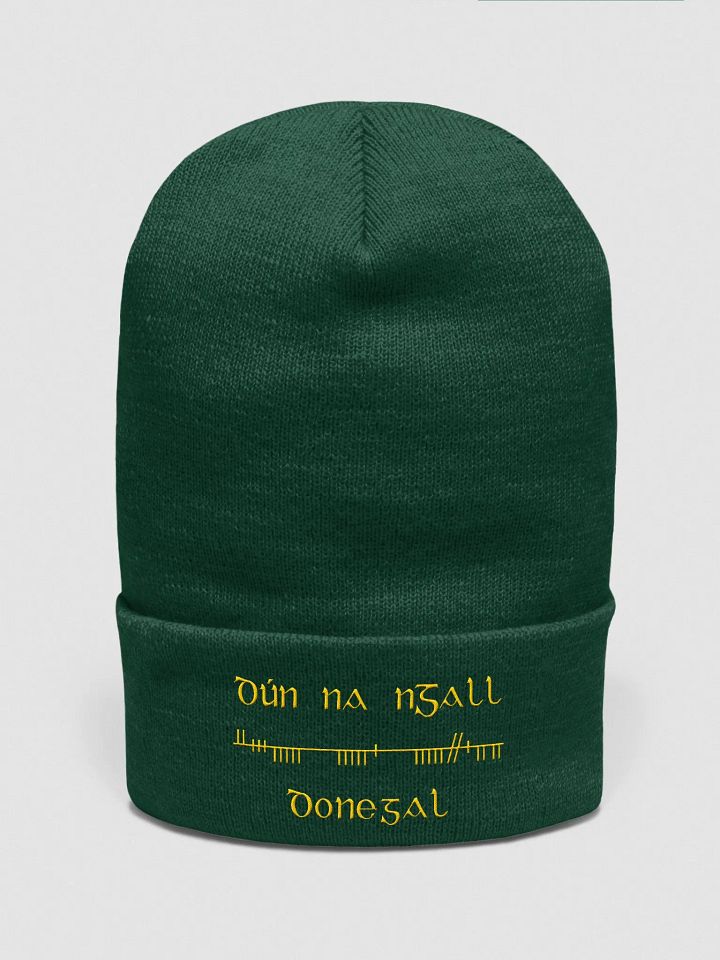 Donegal/Dún na nGall, Orthodox Style Ogham, Green with Gold, embroidered cuffed Beanie product image (1)