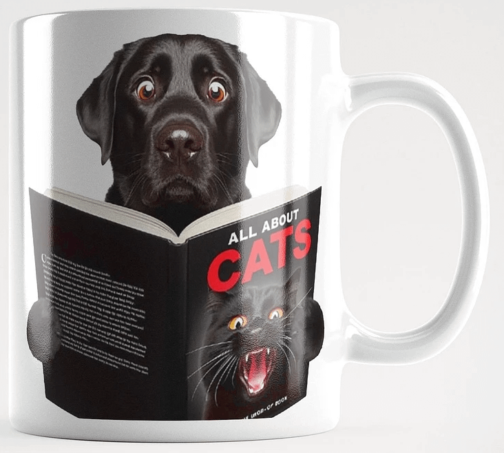 "Worried Labrador Reading a Book About Cats" #Humorous Glossy White Mug product image (1)
