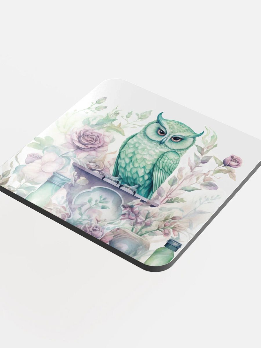 Glossed Cork Coaster 🦉 Peaceful Soft Green Theme - Owls Vibes - Motif 4 product image (4)
