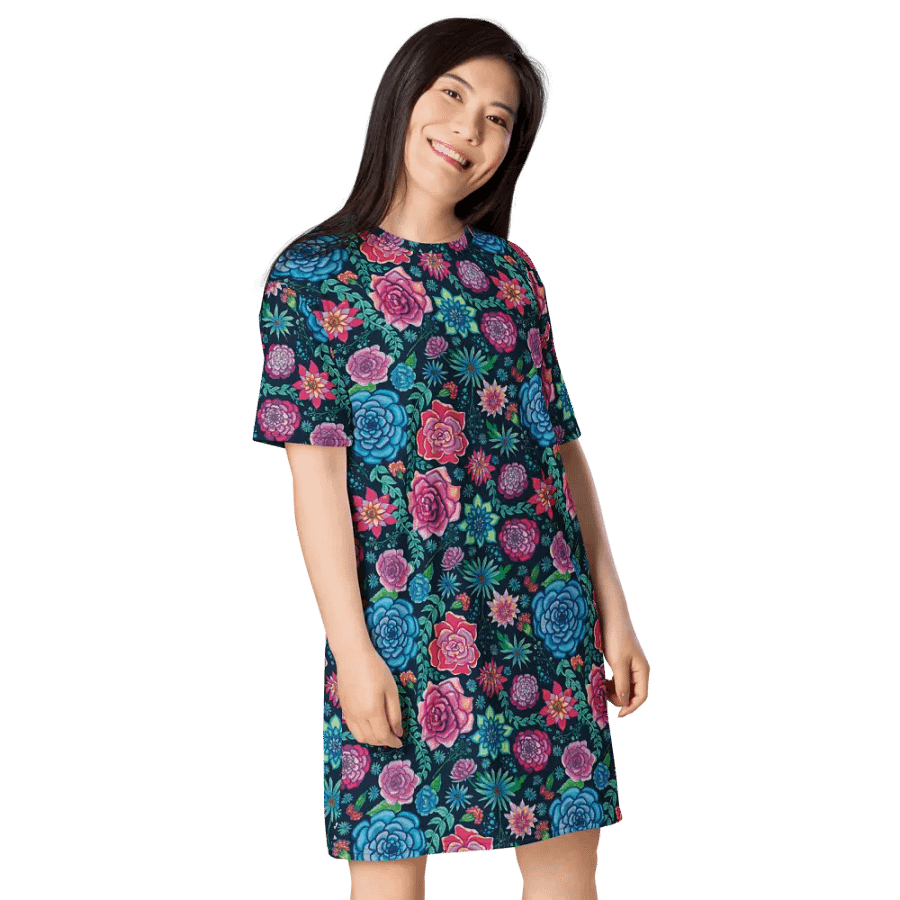 Pink and Blue Bold Coastal Blooms on Dark Blue | T-Shirt Dress | Oversized Dress | Ocean-Inspired Casual Style | Ce Soir Background product image (4)