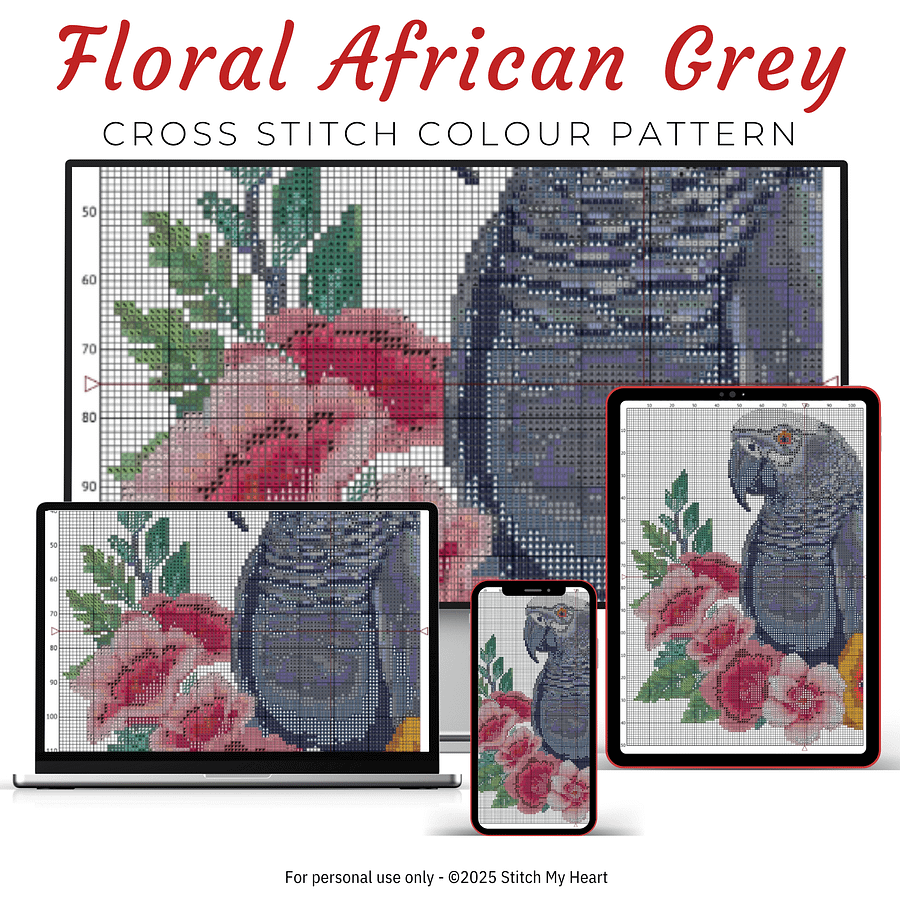 Floral African Grey Parrot Cross Stitch Pattern product image (3)
