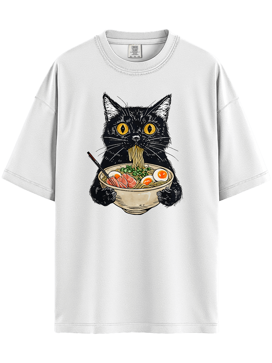 Ramen Eating Black Cat T-Shirt – Relaxed Fit Heavyweight Unisex Cotton T-Shirt product image (9)