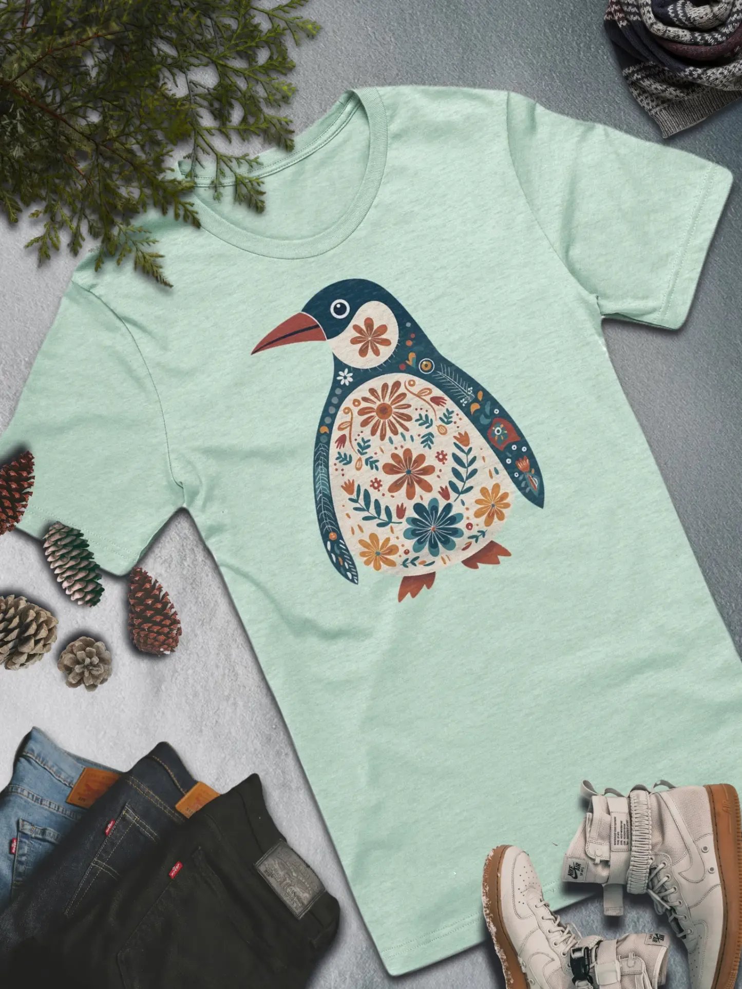 Floral Penguin T-Shirt – Playful and Artistic Winter Style product image (1)