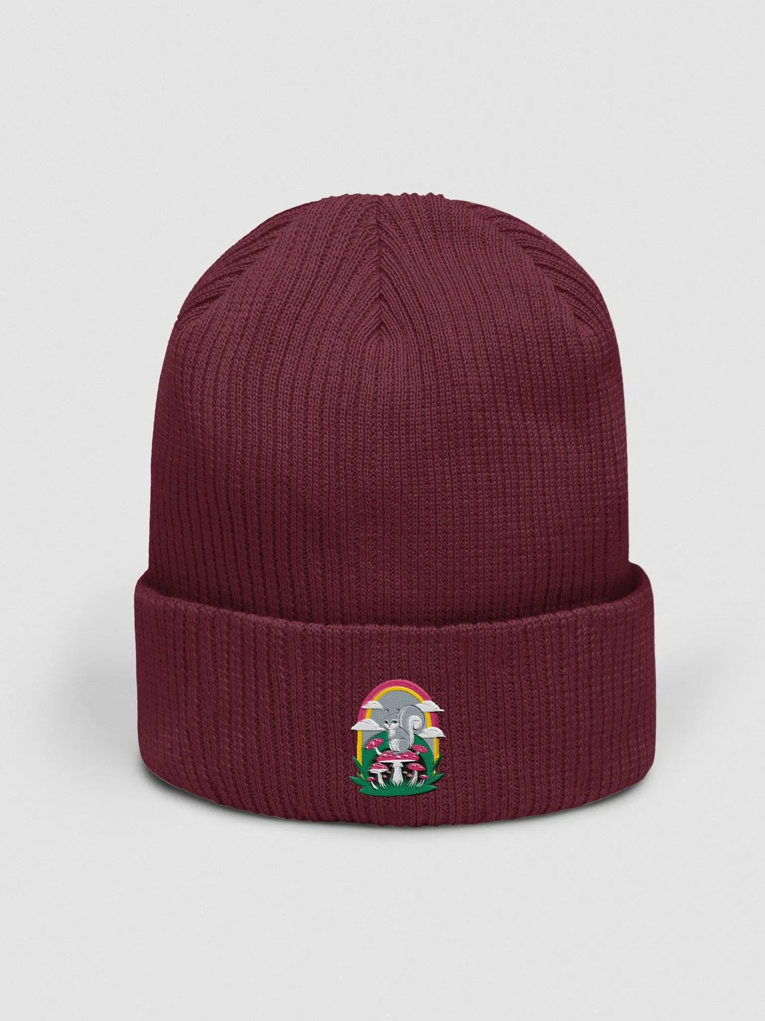 Organic Cotton Embroidered Rainbow Mushroom Squirrel Beanie product image (1)