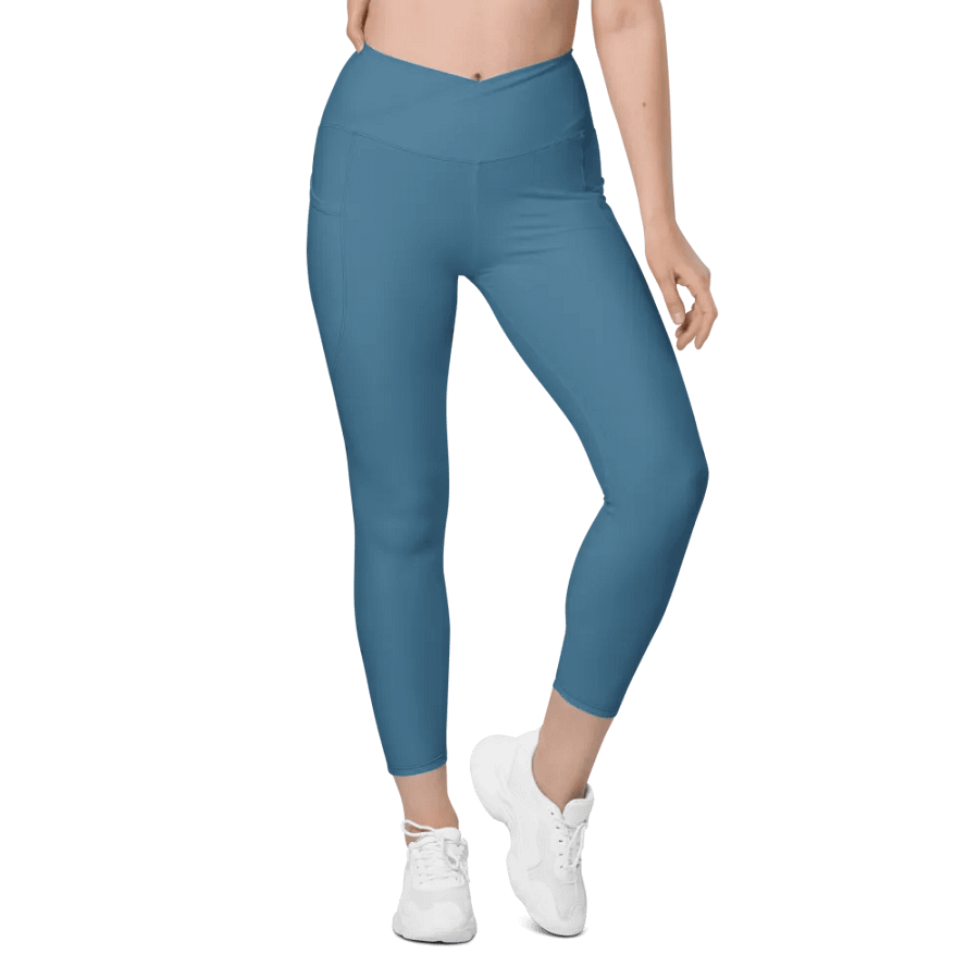 Plain Medium Blue True Summer Women's High Waisted Premium Crossover Leggings with Pockets by Treasure Pie product image (2)