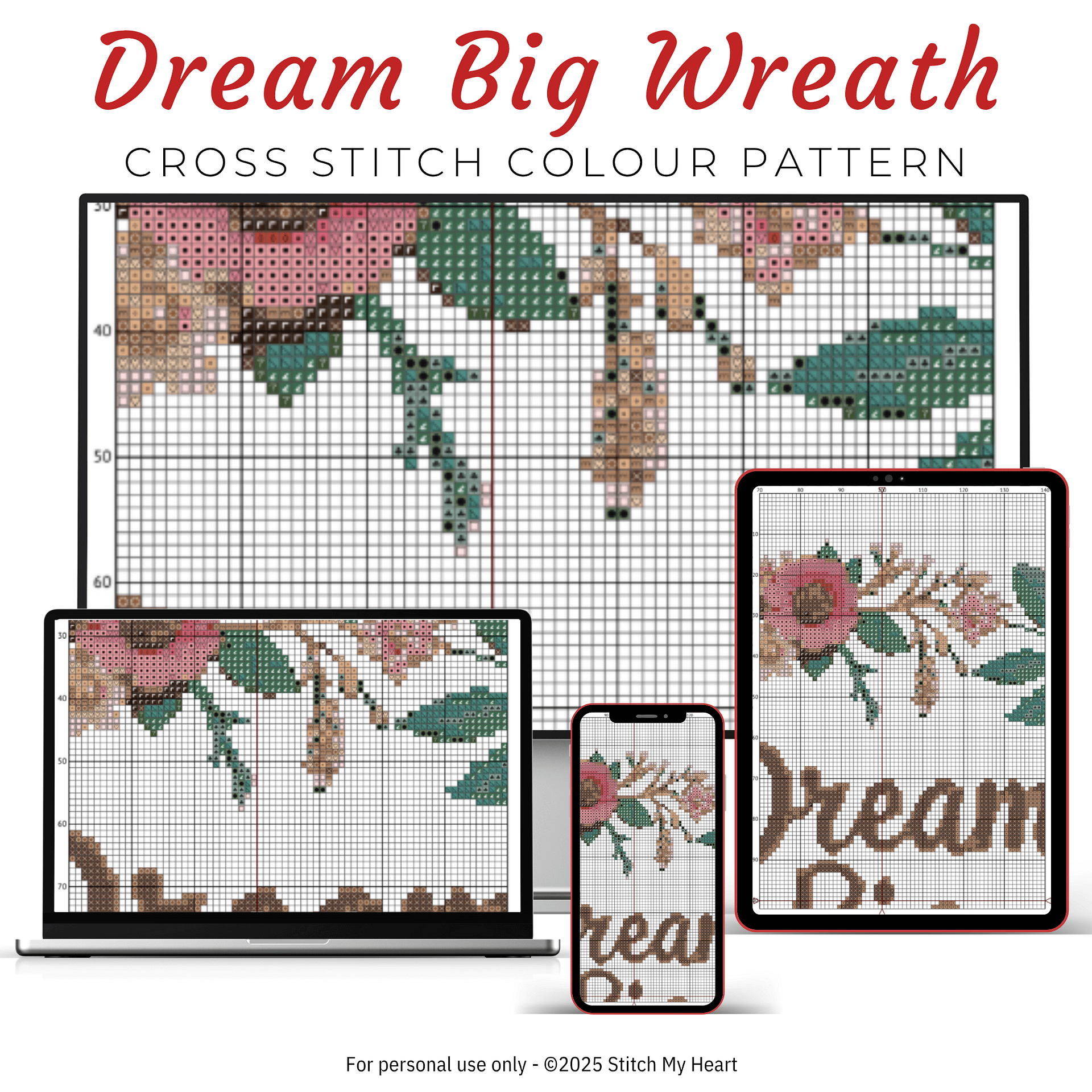 Dream Big Floral Wreath Cross Stitch Pattern product image (3)