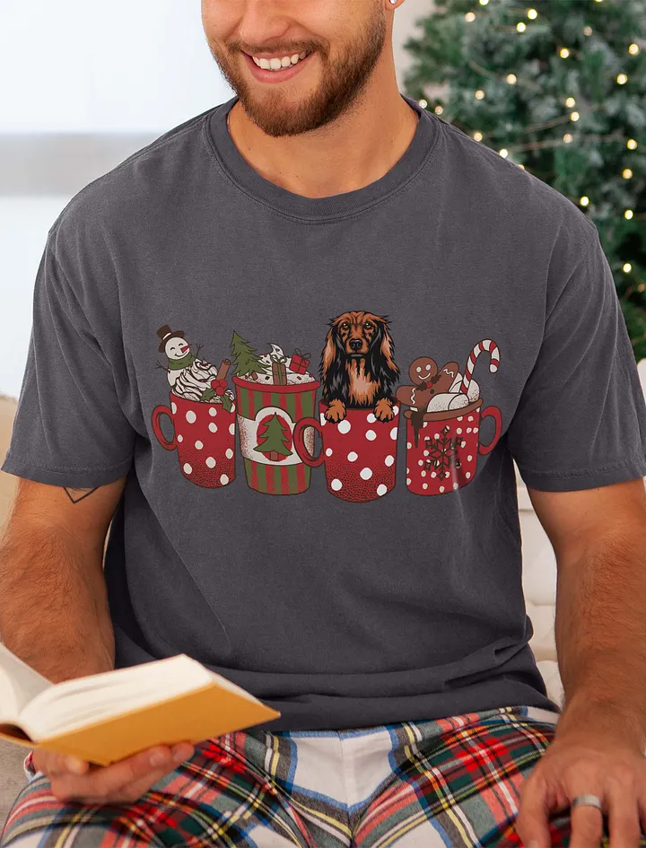 Cute Longhaired Dachshund in a Christmas Cup T-Shirt | Funny Christmas Doxie/Wiener Pup in a Cup product image (21)