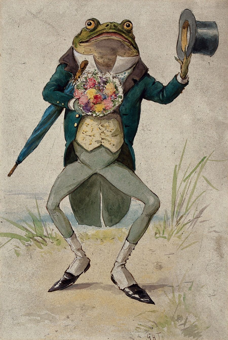 Vintage Art Download - G. Hope Tait, A toad in morning dress, holding an umbrella and a bunch of flowers. Watercolor c. 1900 product image (1)