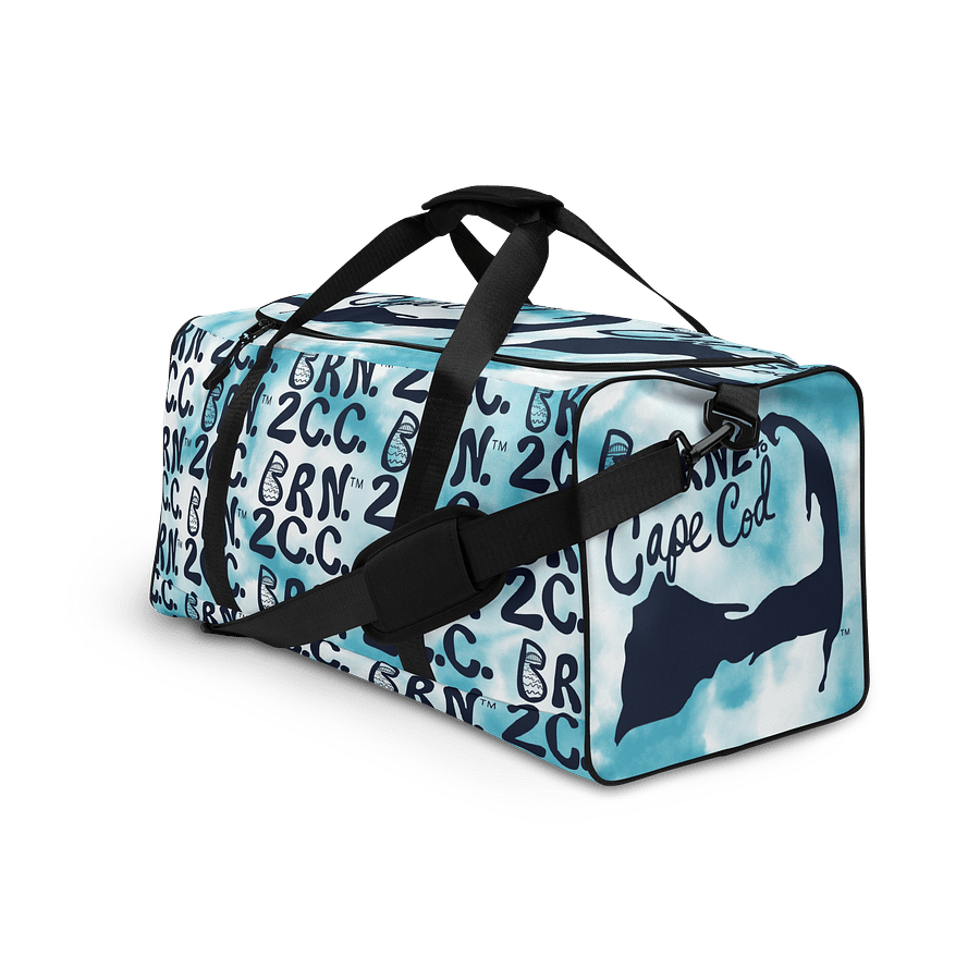 BOURNE to Cape Cod™ | Duffle Bag | BRN.2C.C.™ | Coastal Gym & Travel Gear | 22" All-Over Print Weekender | Navy Blue Logos on Blue Tie-Dye product image (3)