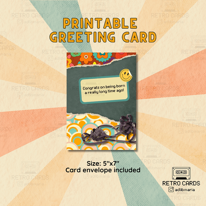 Printable Birthday Card Retro Greeting Card Congrats on Being Born with Envelope product image (1)