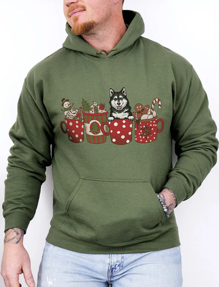 Cute Pomsky in a Christmas Cup Hooded Sweatshirt | Funny Christmas Pup in a Cup product image (11)