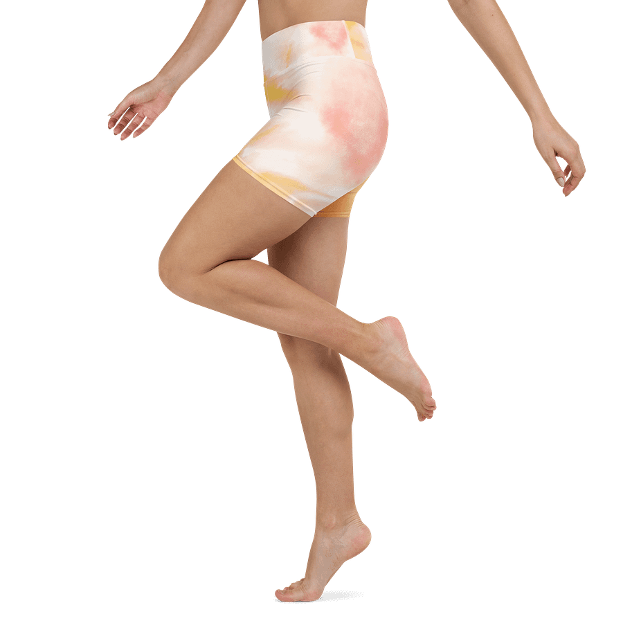 All-Over Print Yoga Shorts | with Inside Pocket | BRN.2C.C.™ | Coastal-Inspired Activewear | Vibrant Pink Logo on Orange Tie-Dye product image (4)