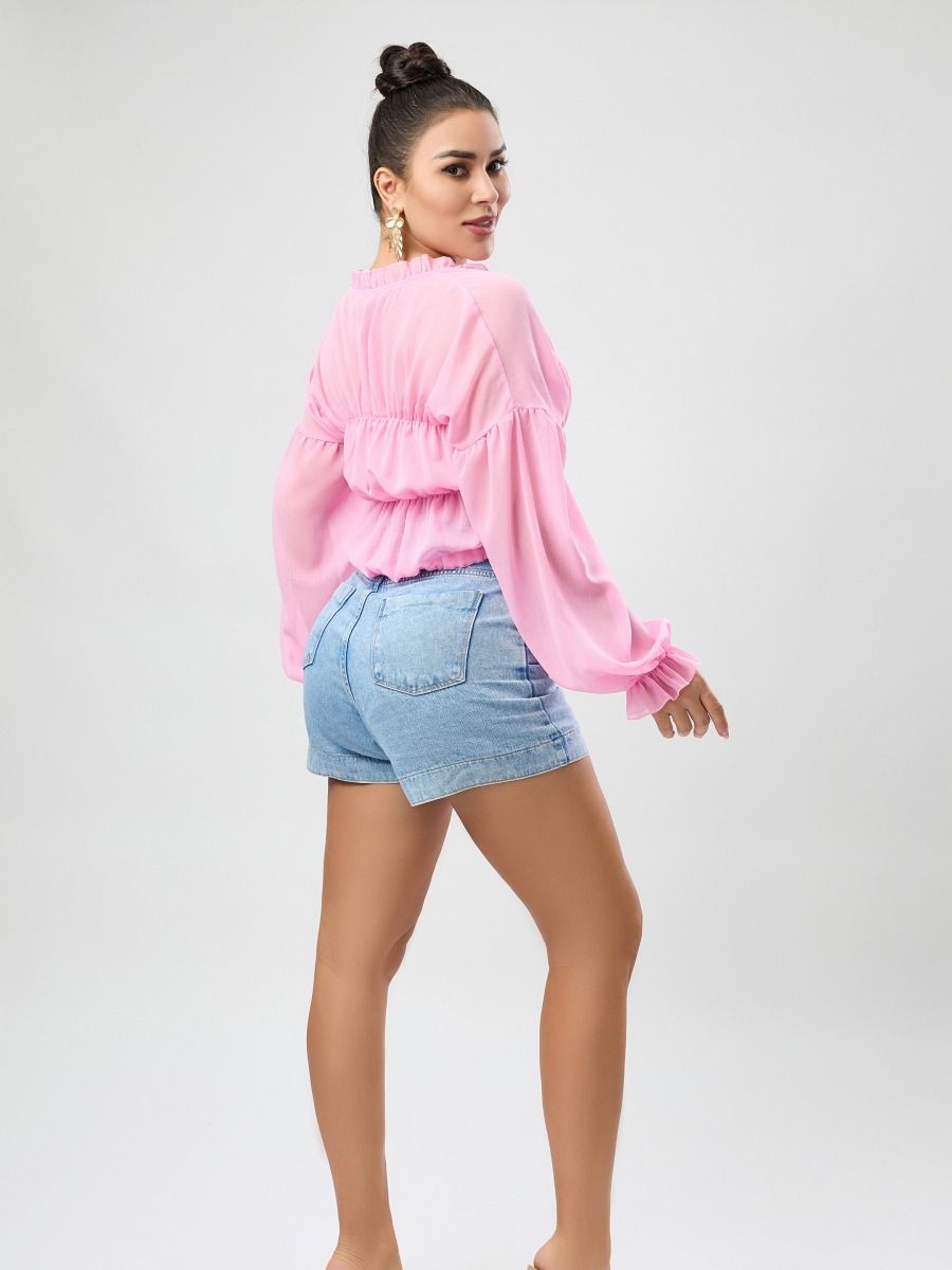 Sexy high quality non-stretch chiffon see through 4 colors v-neck drawstring top Wholesale product image (2)